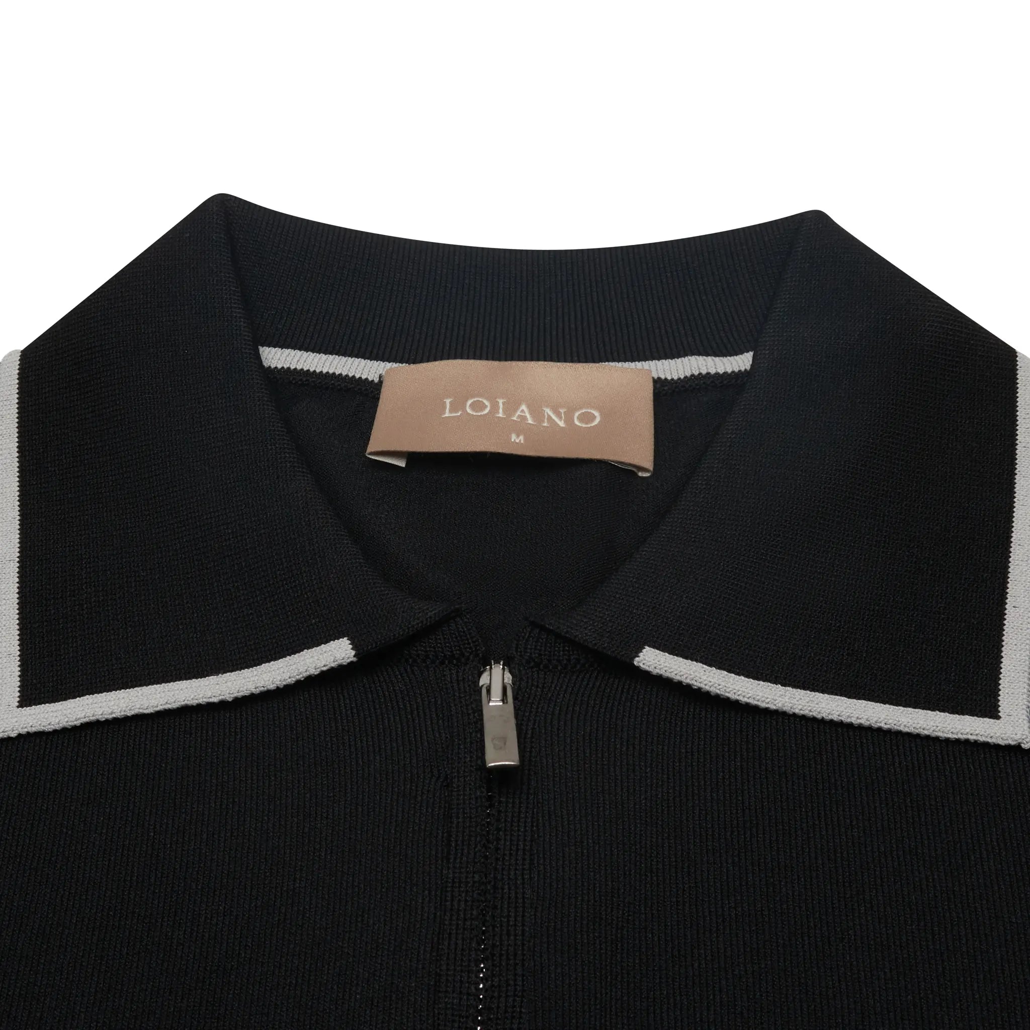 Neck View of Loiano Rayon Knit Black Polo Shirt